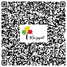 Ein QR-Code mit einem bunten Logo in der Mitte, das einen stilisierten Baum mit bunten Blättern darstellt.