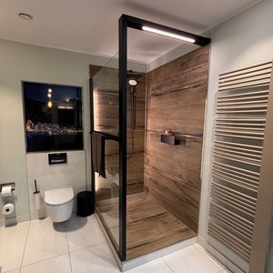Ein modernes Badezimmer mit einer eleganten Dusche aus Glas und Holzverkleidung, die eine entspannende Atmosphäre schafft.