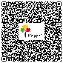 Ein QR-Code mit bunten Blättern und dem Schriftzug 'Küpper' in der Mitte, umgeben von einem schwarzen Muster.