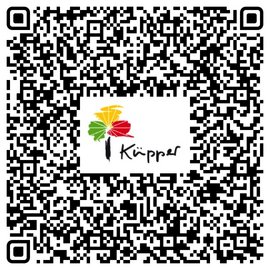 Ein QR-Code mit bunten Blättern und dem Schriftzug 'Küpper' in der Mitte, umgeben von einem schwarzen Muster.