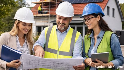 Teamarbeit auf der Baustelle: Pläne und Ideen besprechen Ein Mann und zwei Frauen in Sicherheitskleidung prüfen Baupläne, umgeben von einer lebhaften Baustellenatmosphäre.