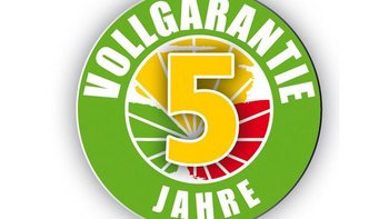 Ein runder Aufkleber mit dem Text 'Vollgarantie' und der Zahl '5' in der Mitte, umgeben von bunten Farben.