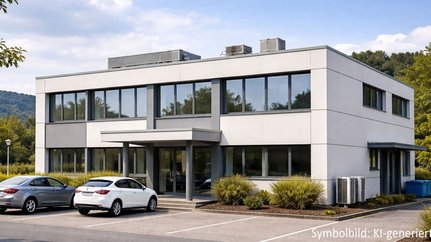 Moderne Bürogebäude mit stilvollem Design und grüner Umgebung Zwei Autos parken vor einem eleganten, zweigeschossigen Gebäude mit einem minimalistischen Design und einer einladenden Eingangstür.